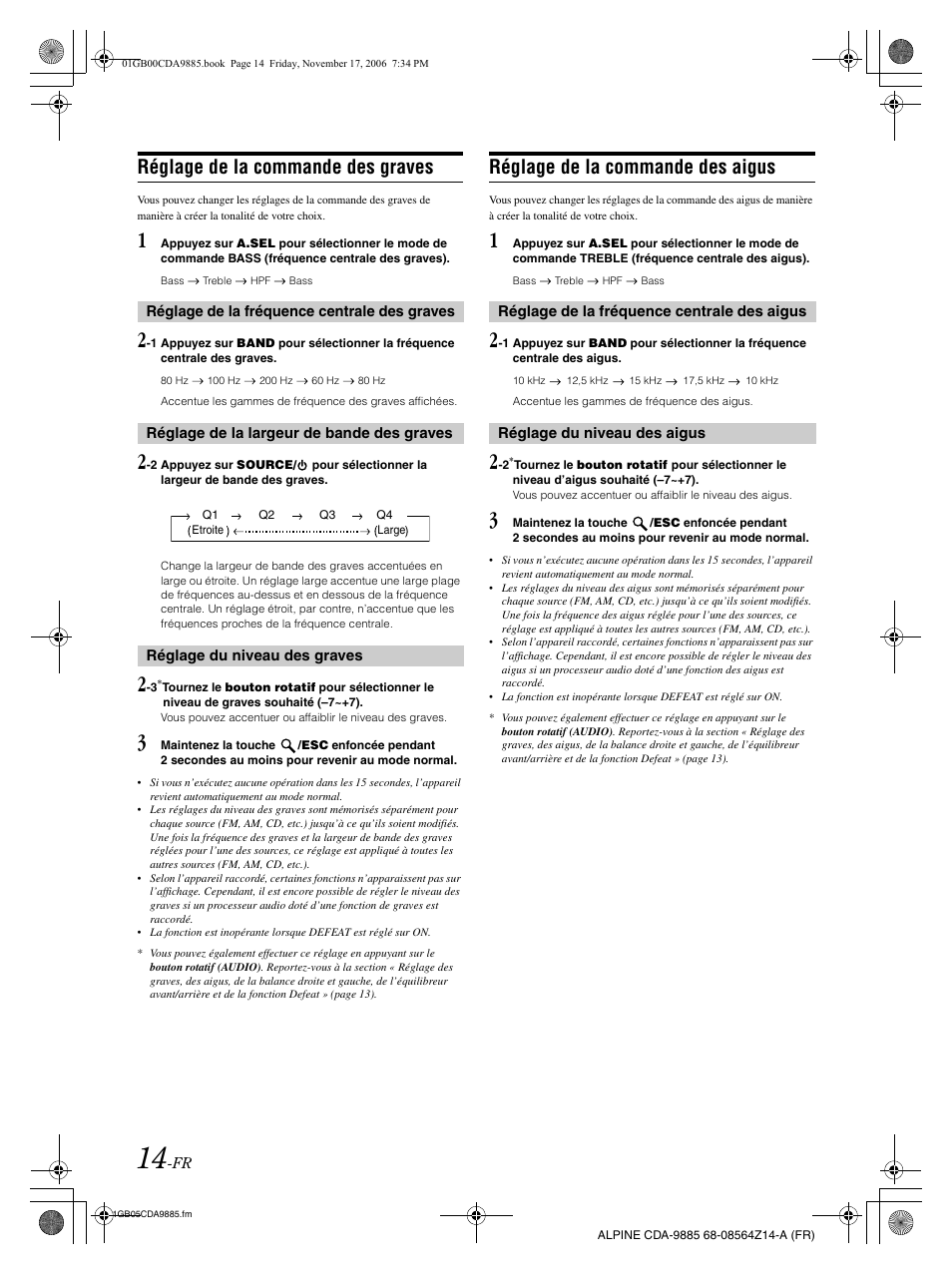 Réglage de la commande des graves, Réglage de la commande des aigus | Alpine CDA-9885 User Manual | Page 55 / 118