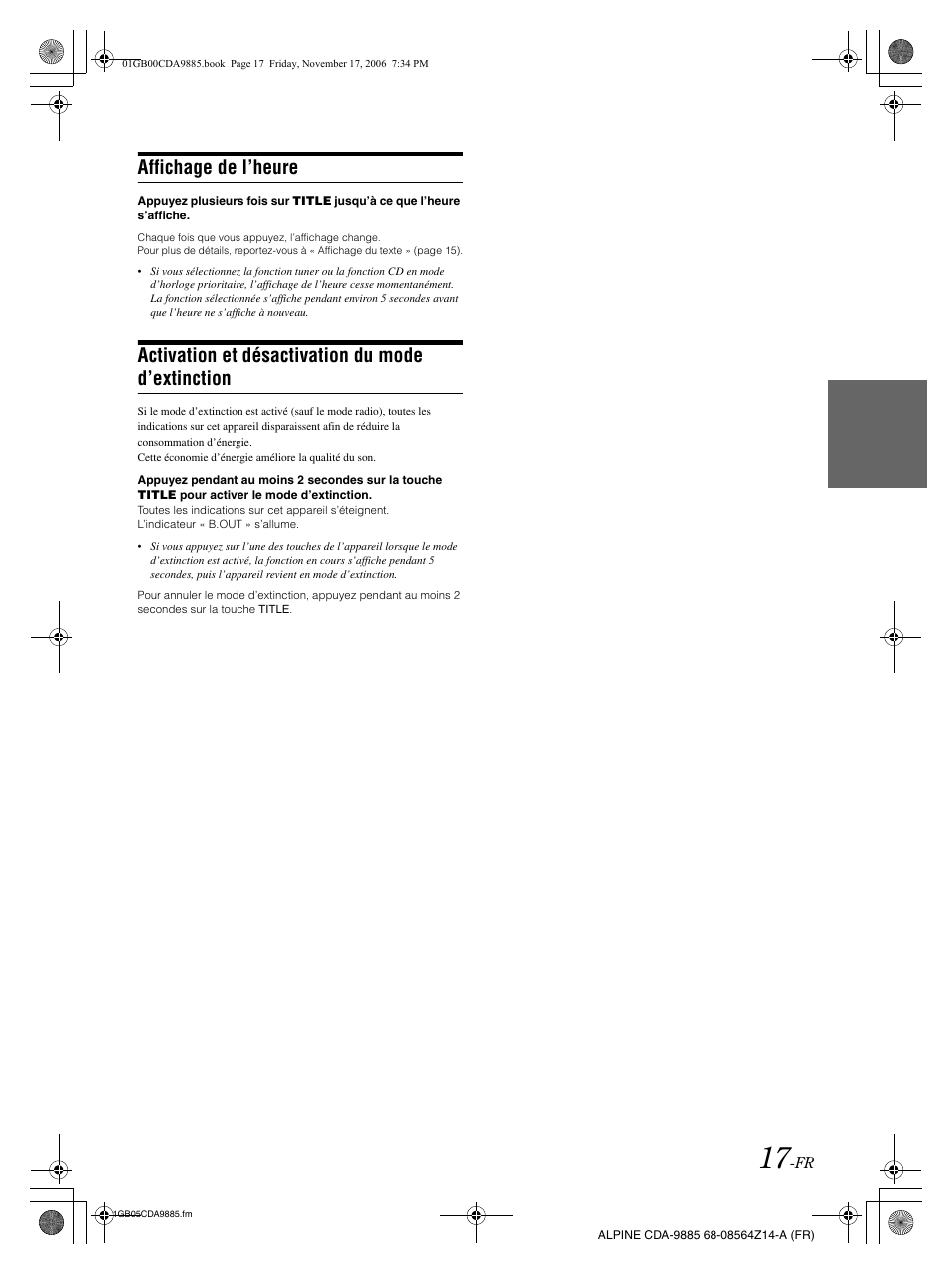 Affichage de l’heure, Activation et désactivation du mode d’extinction | Alpine CDA-9885 User Manual | Page 58 / 118
