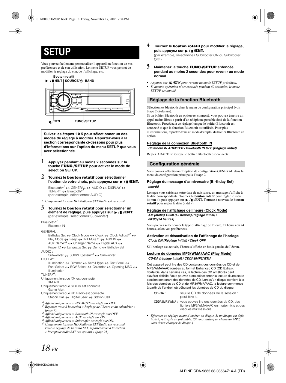 Setup, Réglage de la fonction bluetooth, Configuration générale | Alpine CDA-9885 User Manual | Page 59 / 118