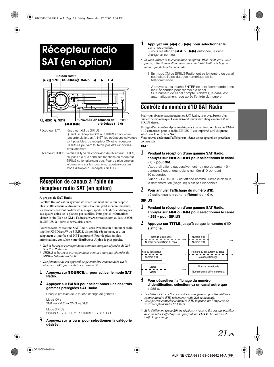 Récepteur radio sat (en option), Contrôle du numéro d’id sat radio | Alpine CDA-9885 User Manual | Page 62 / 118