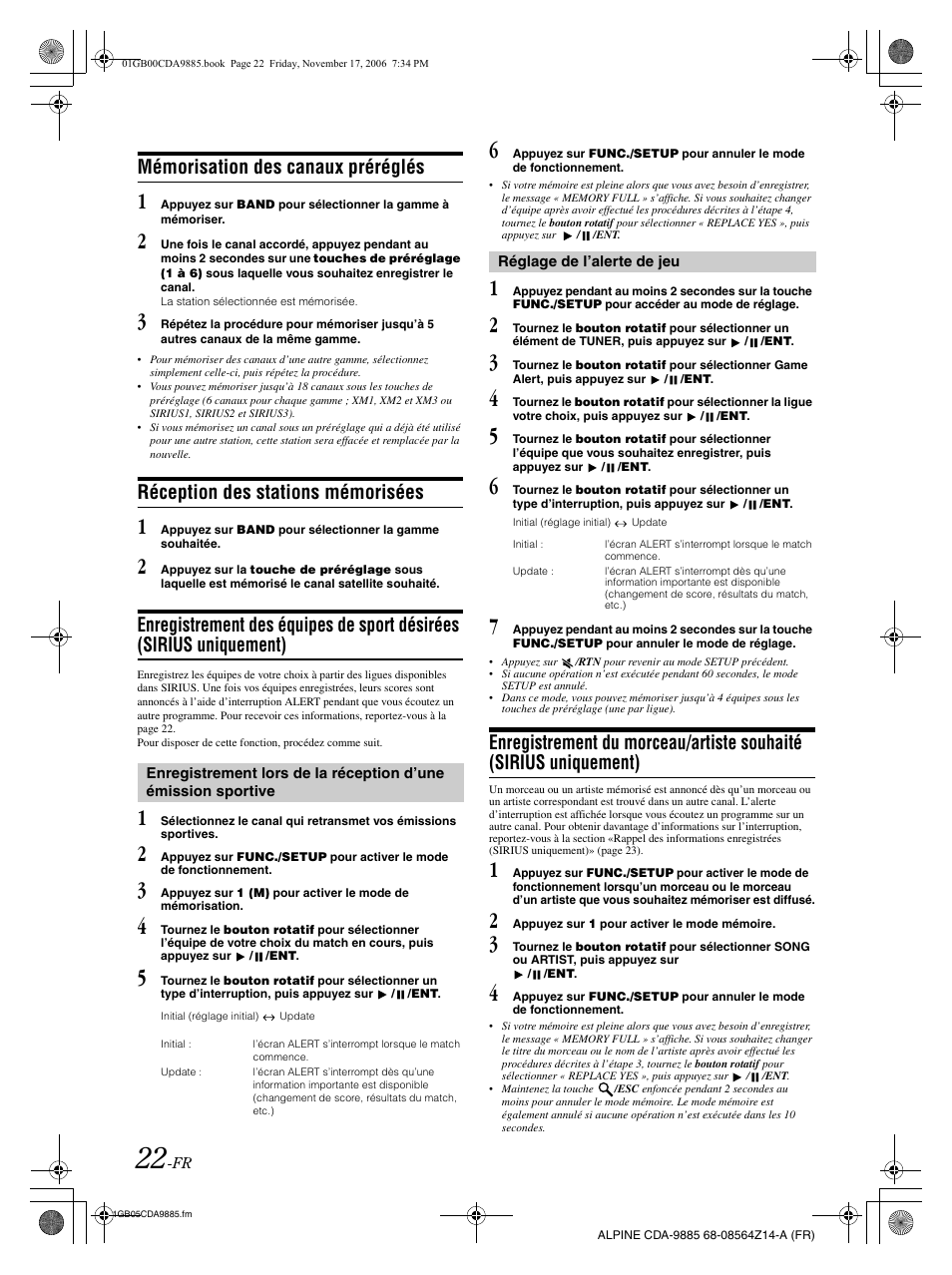 Mémorisation des canaux préréglés, Réception des stations mémorisées | Alpine CDA-9885 User Manual | Page 63 / 118