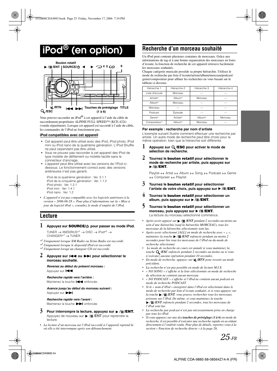 Ipod, En option), Lecture | Recherche d’un morceau souhaité | Alpine CDA-9885 User Manual | Page 66 / 118