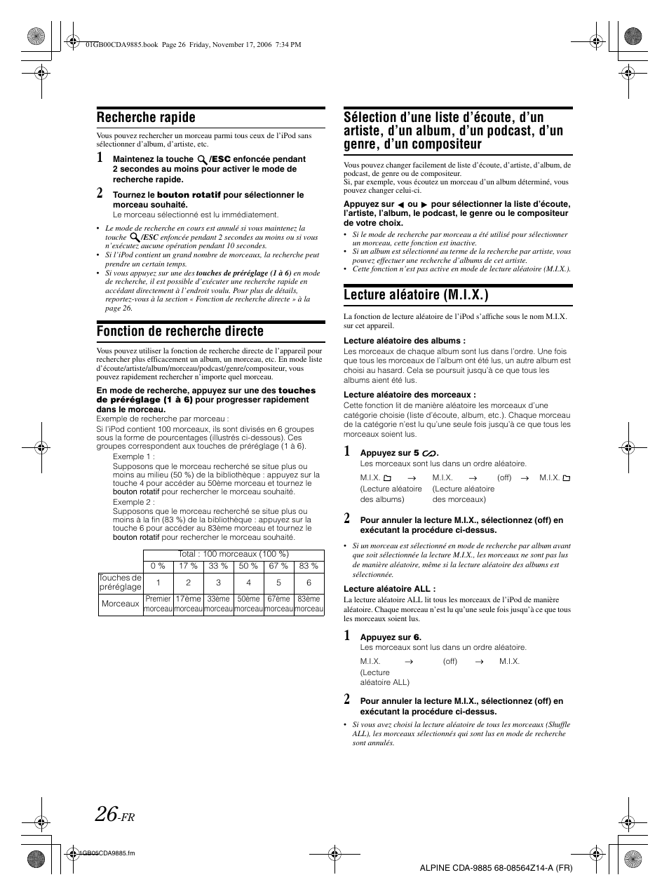 Recherche rapide, Fonction de recherche directe, Lecture aléatoire (m.i.x.) | Alpine CDA-9885 User Manual | Page 67 / 118