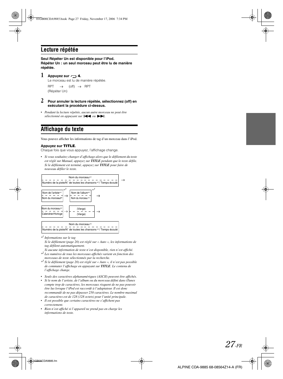Lecture répétée, Affichage du texte | Alpine CDA-9885 User Manual | Page 68 / 118