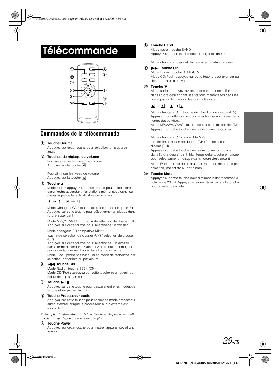 Télécommande, Commandes de la télécommande | Alpine CDA-9885 User Manual | Page 70 / 118