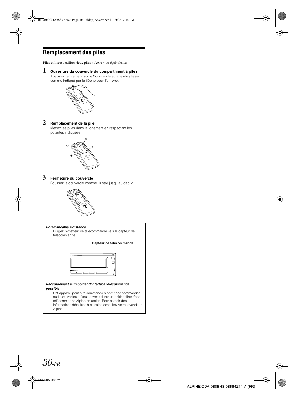Remplacement des piles | Alpine CDA-9885 User Manual | Page 71 / 118