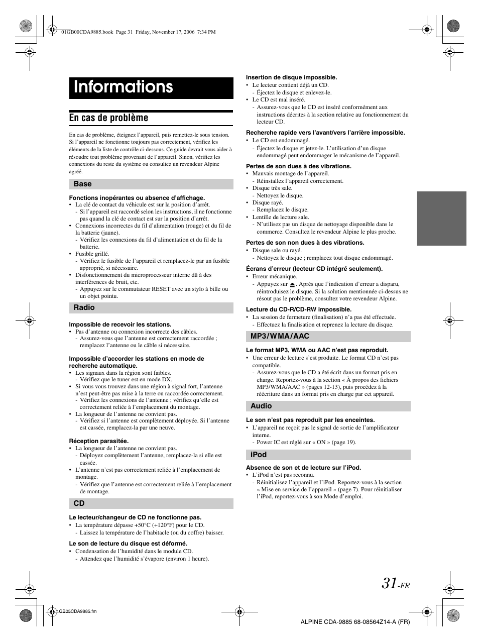 Informations, En cas de problème | Alpine CDA-9885 User Manual | Page 72 / 118