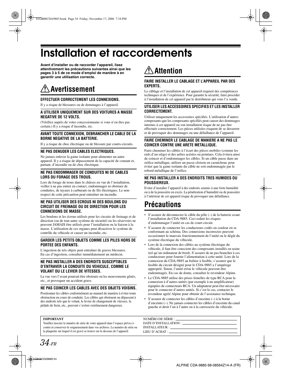 Installation et raccordements, Avertissement, Attention | Précautions | Alpine CDA-9885 User Manual | Page 75 / 118