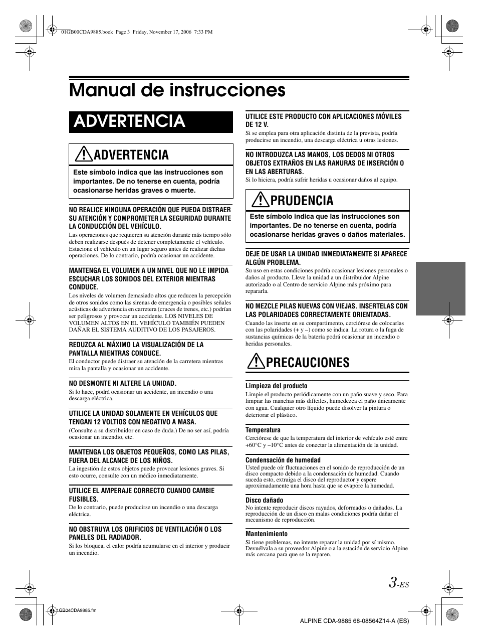 Manual de instrucciones, Advertencia, Precauciones | Prudencia | Alpine CDA-9885 User Manual | Page 83 / 118