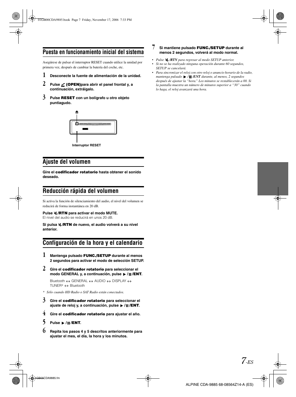 Puesta en funcionamiento inicial del sistema, Ajuste del volumen, Reducción rápida del volumen | Configuración de la hora y el calendario | Alpine CDA-9885 User Manual | Page 87 / 118