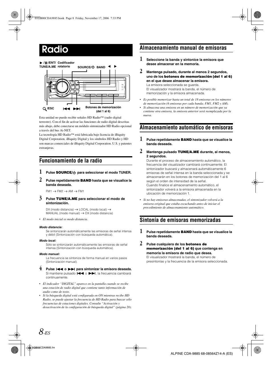 Radio, Funcionamiento de la radio, Almacenamiento manual de emisoras | Almacenamiento automático de emisoras | Alpine CDA-9885 User Manual | Page 88 / 118
