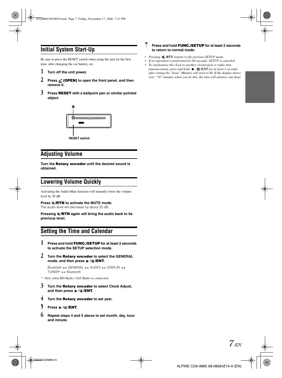Initial system start-up, Adjusting volume, Lowering volume quickly | Setting the time and calendar | Alpine CDA-9885 User Manual | Page 9 / 118