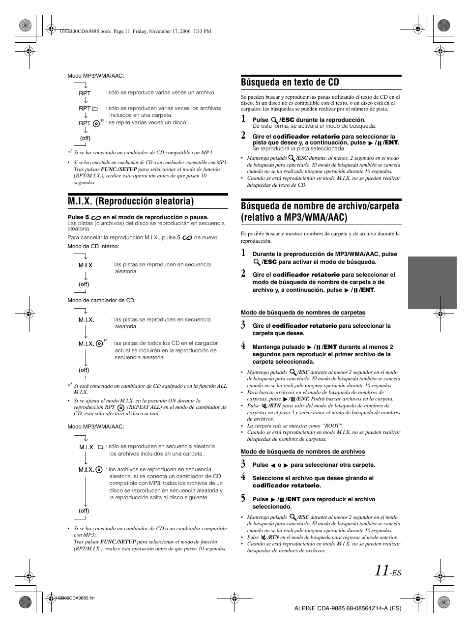 M.i.x. (reproducción aleatoria), Búsqueda en texto de cd | Alpine CDA-9885 User Manual | Page 91 / 118