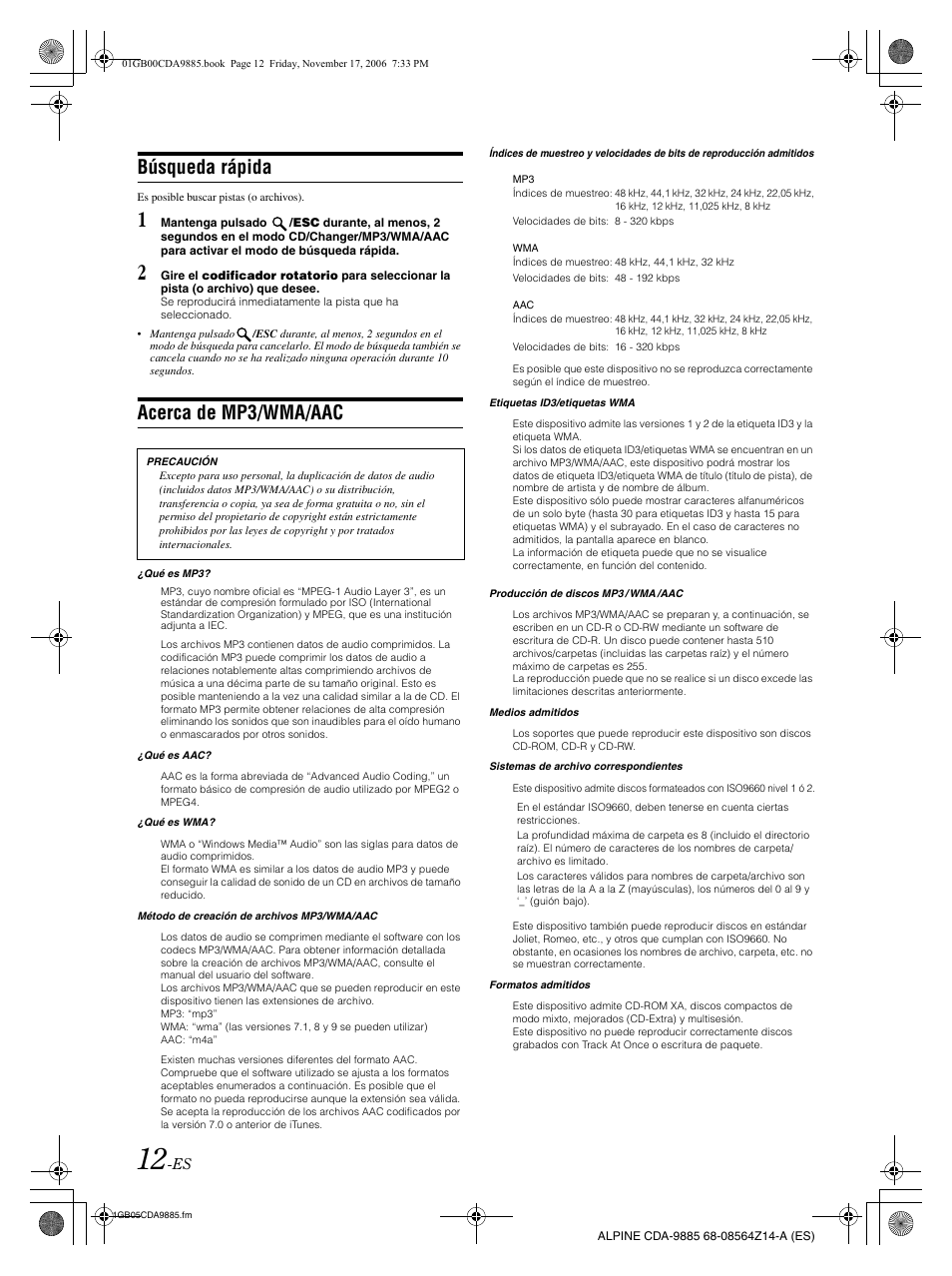 Búsqueda rápida, Acerca de mp3/wma/aac | Alpine CDA-9885 User Manual | Page 92 / 118