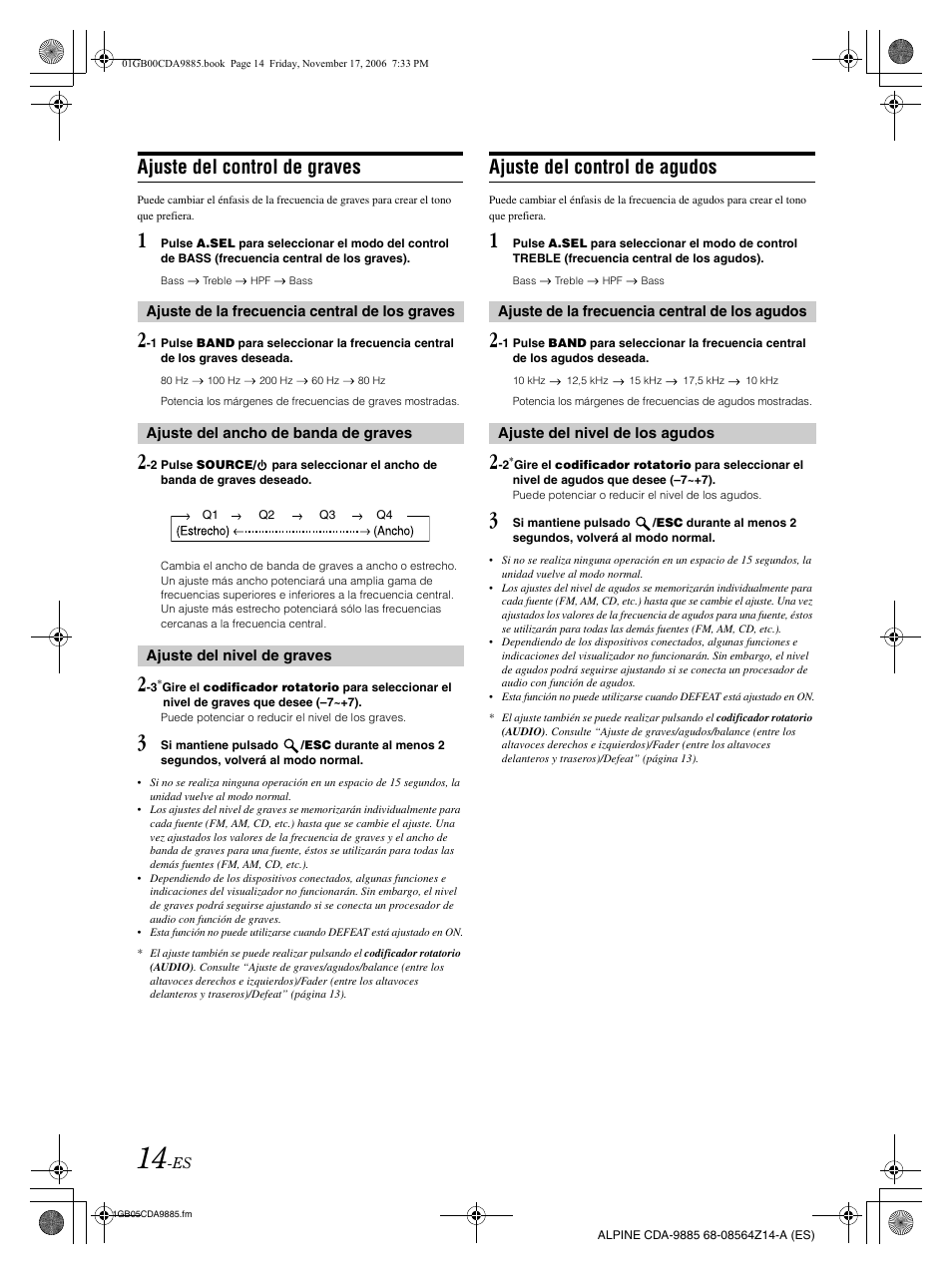 Ajuste del control de graves, Ajuste del control de agudos | Alpine CDA-9885 User Manual | Page 94 / 118