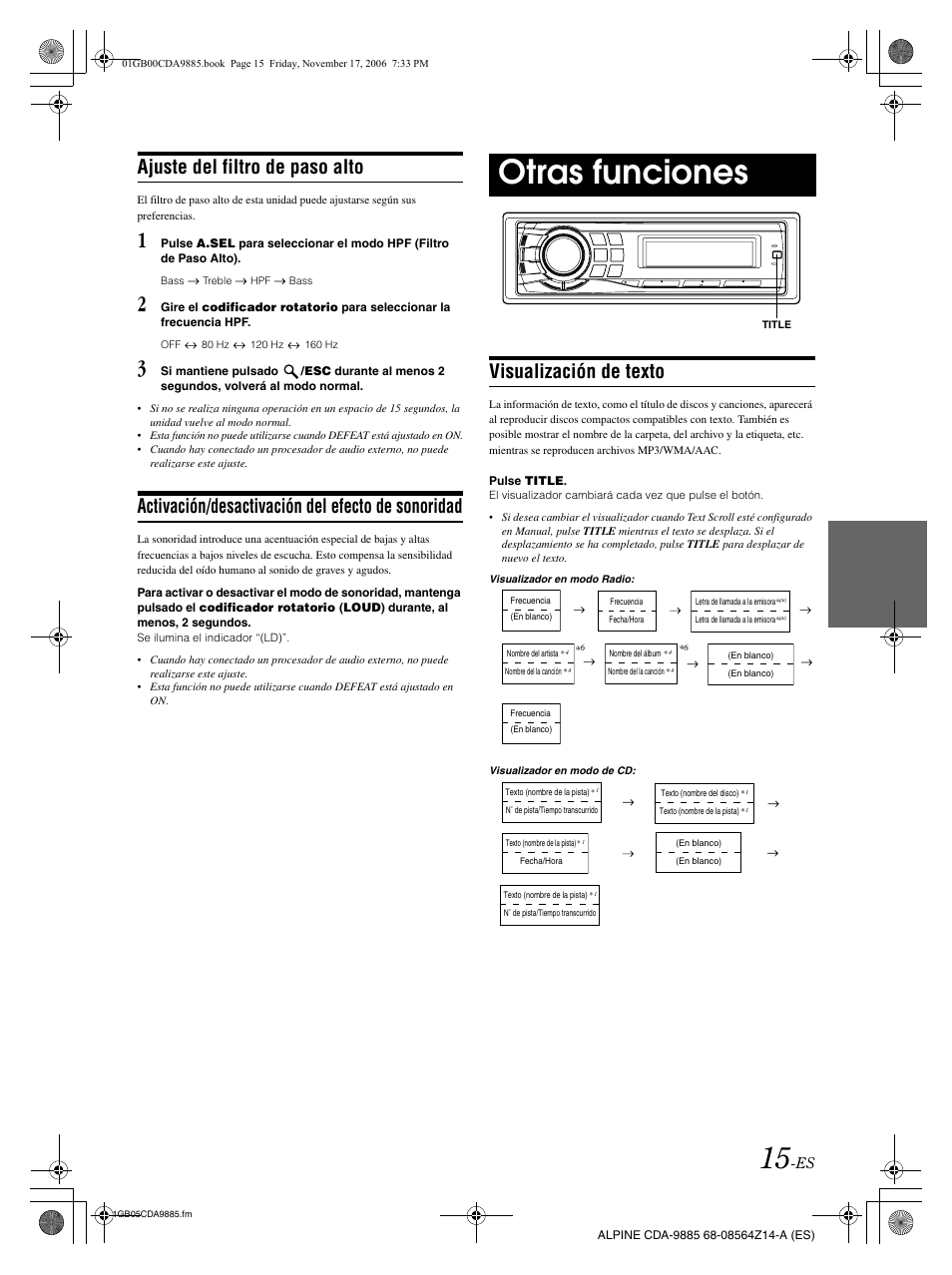 Otras funciones, Ajuste del filtro de paso alto, Activación/desactivación del efecto de sonoridad | Visualización de texto | Alpine CDA-9885 User Manual | Page 95 / 118