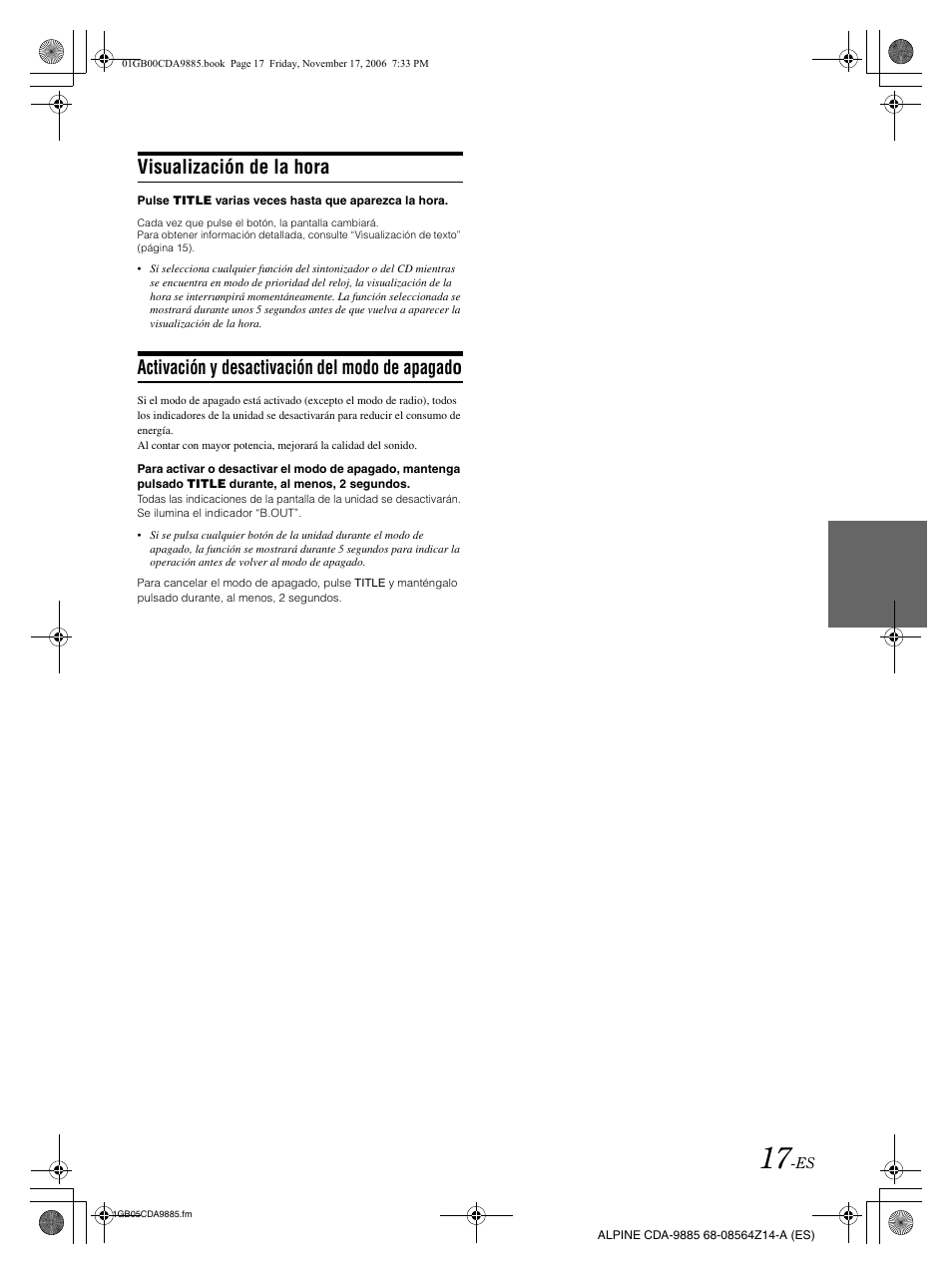 Visualización de la hora, Activación y desactivación del modo de apagado | Alpine CDA-9885 User Manual | Page 97 / 118
