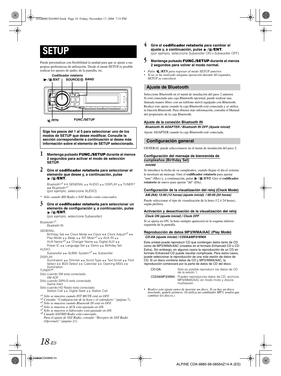 Setup, Ajuste de bluetooth, Configuración general | Alpine CDA-9885 User Manual | Page 98 / 118