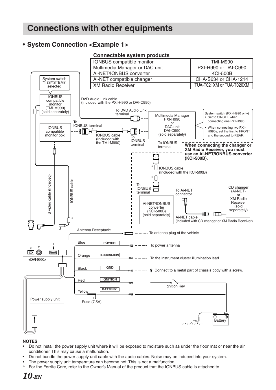 Connections with other equipments, System connection <example 1, Connectable system products | Alpine DVI-9990 User Manual | Page 11 / 12