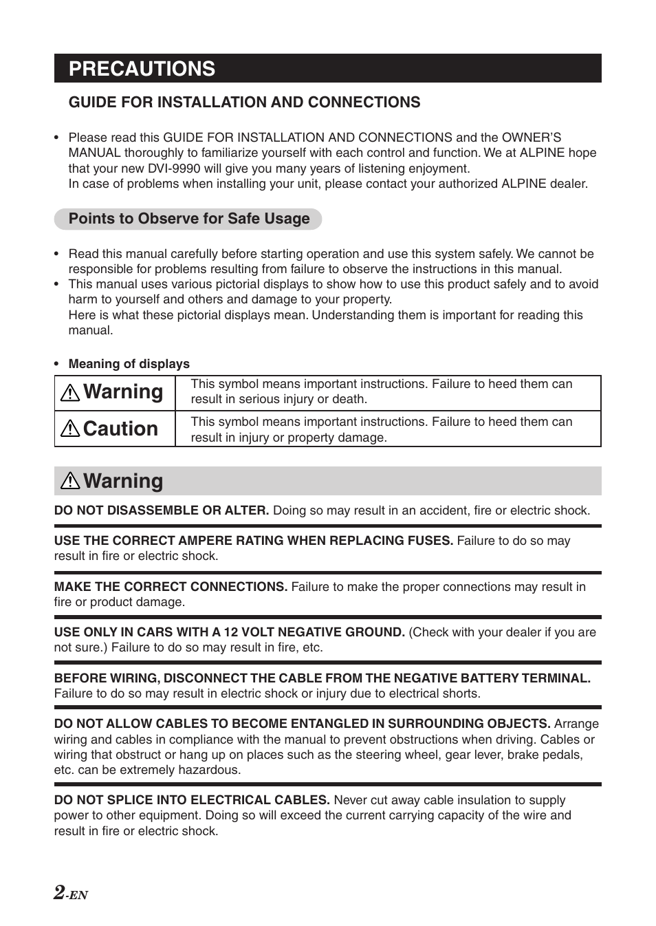 Warning caution warning precautions | Alpine DVI-9990 User Manual | Page 3 / 12