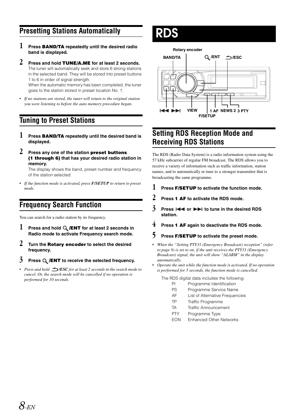 Presetting stations automatically, Tuning to preset stations, Frequency search function | Setting rds reception mode and receiving, Rds stations | Alpine CDA-9886R User Manual | Page 10 / 49