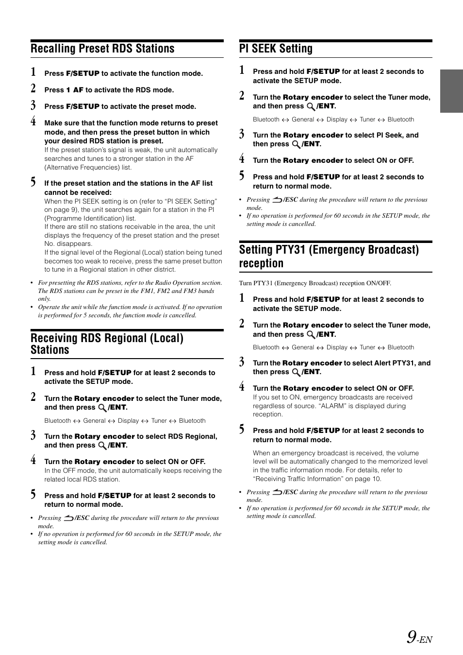 Recalling preset rds stations, Receiving rds regional (local) stations, Pi seek setting | Setting pty31 (emergency broadcast) reception, Reception | Alpine CDA-9886R User Manual | Page 11 / 49