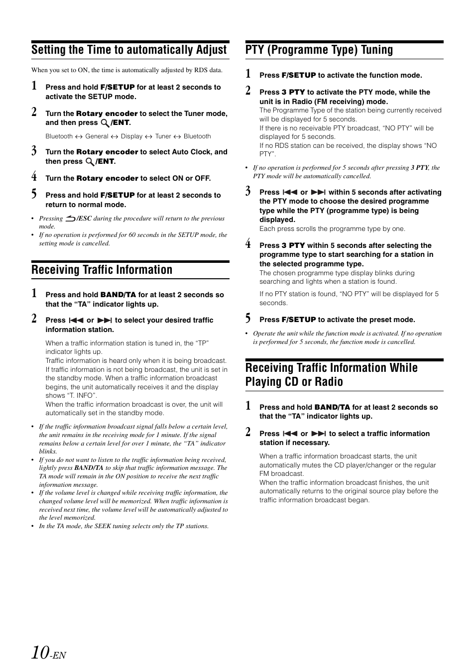Setting the time to automatically adjust, Receiving traffic information, Pty (programme type) tuning | Cd or radio | Alpine CDA-9886R User Manual | Page 12 / 49