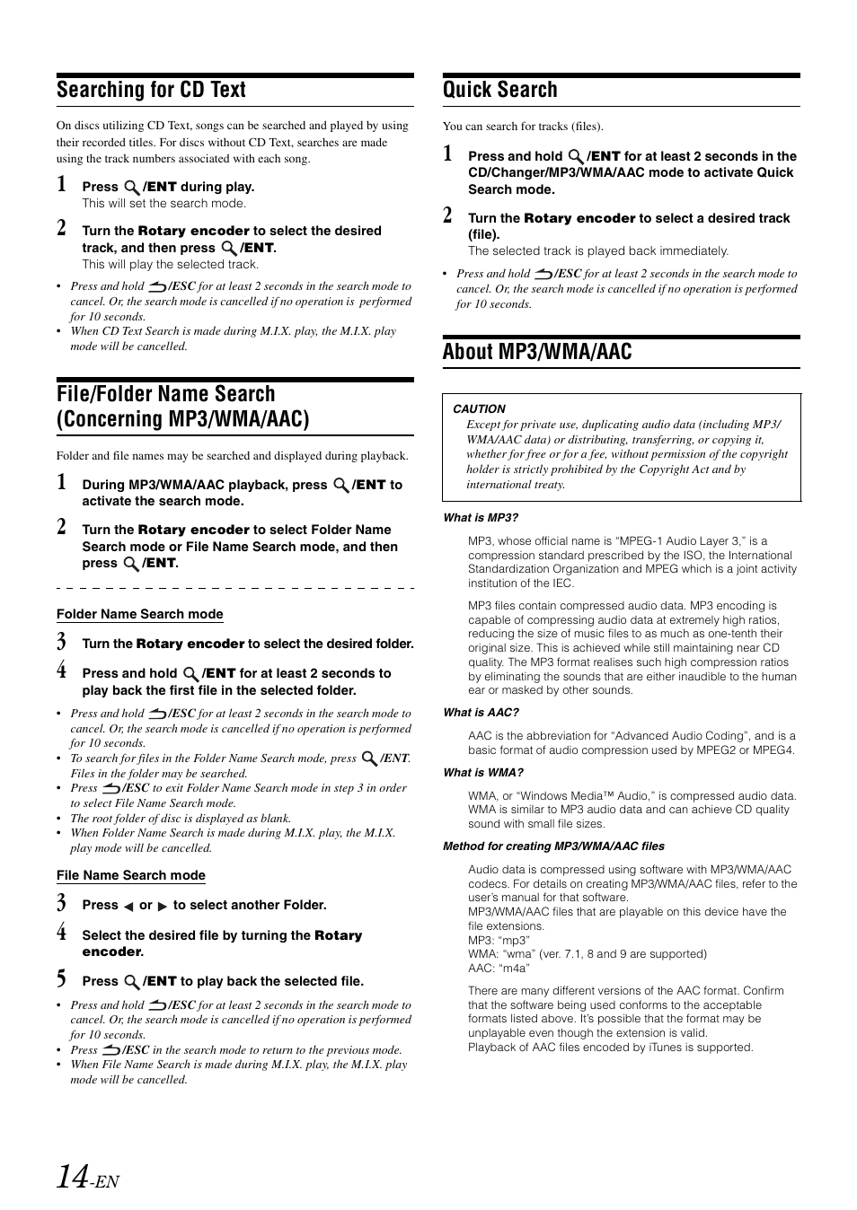 Searching for cd text, File/folder name search (concerning mp3/wma/aac), Quick search | About mp3/wma/aac, File/folder name search, Concerning mp3/wma/aac), Quick search about mp3/wma/aac | Alpine CDA-9886R User Manual | Page 16 / 49