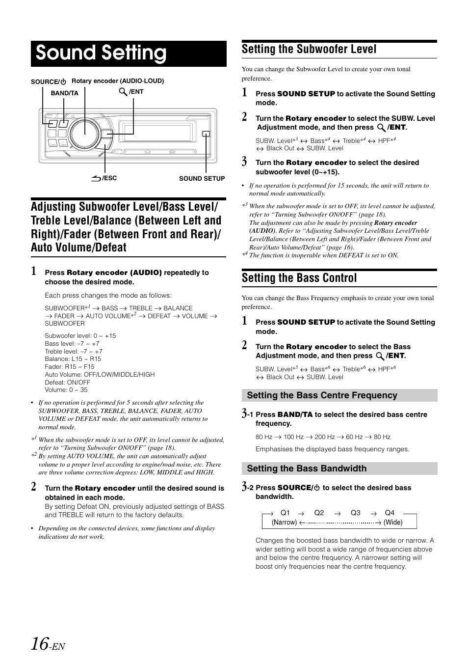 Sound setting, Setting the subwoofer level, Setting the bass control | Setting the bass centre frequency, Setting the bass bandwidth, Adjusting subwoofer level/bass level/treble | Alpine CDA-9886R User Manual | Page 18 / 49