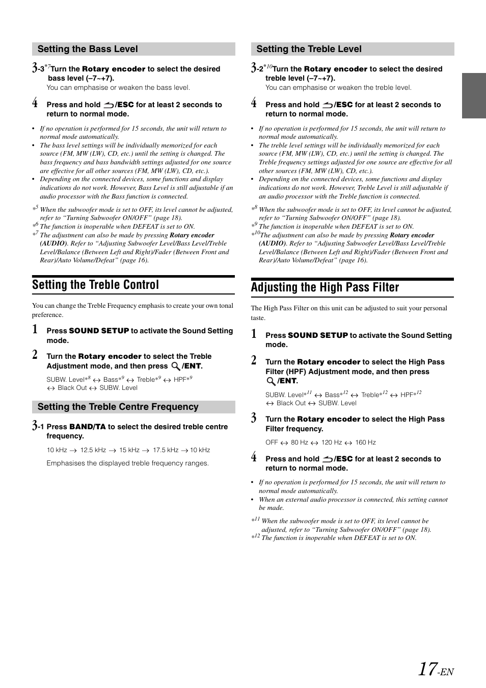 Setting the bass level, Setting the treble control, Setting the treble centre frequency | Setting the treble level, Adjusting the high pass filter | Alpine CDA-9886R User Manual | Page 19 / 49