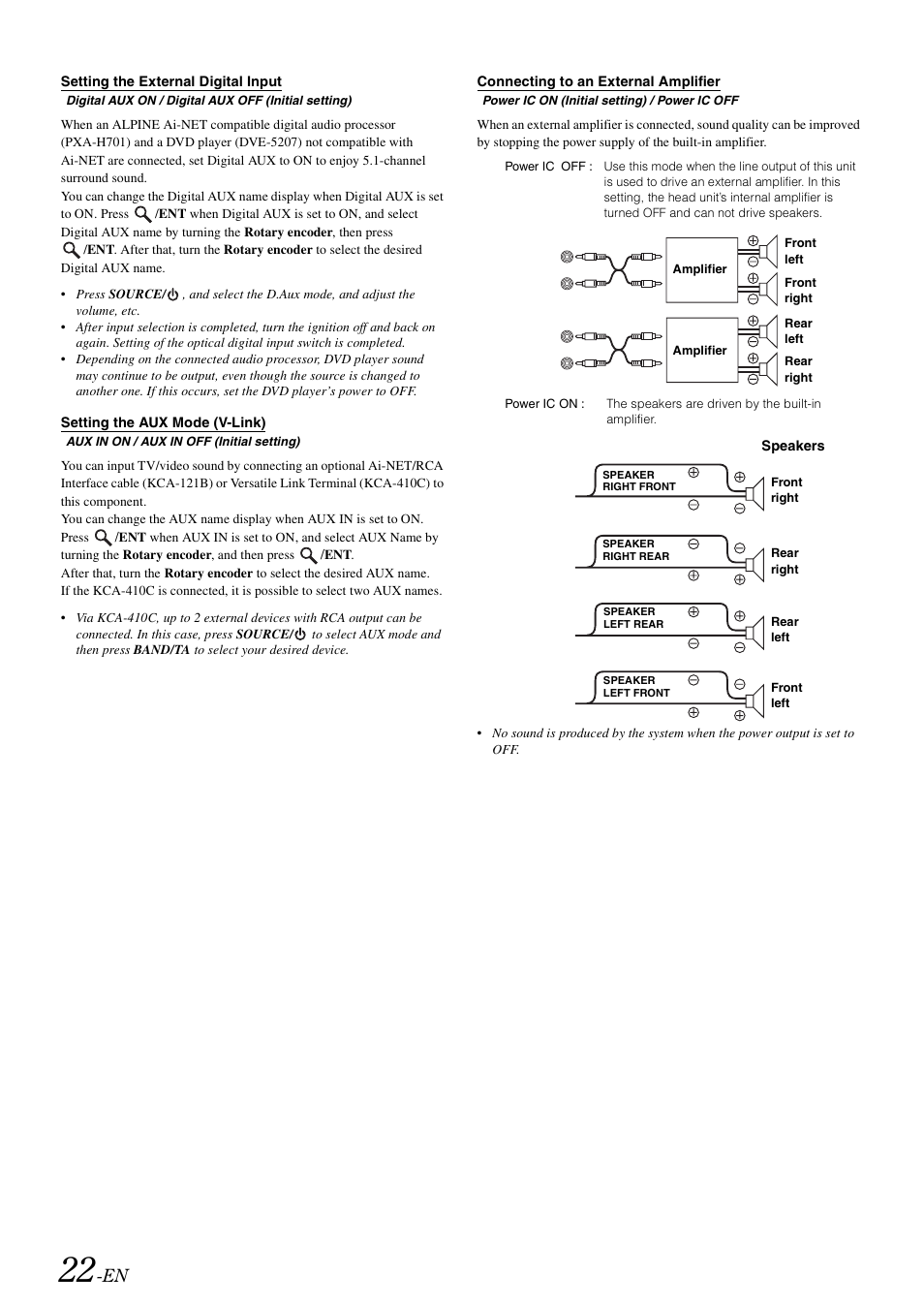 Setting the external digital input, Setting the aux mode (v-link), Connecting to an external amplifier | Alpine CDA-9886R User Manual | Page 24 / 49