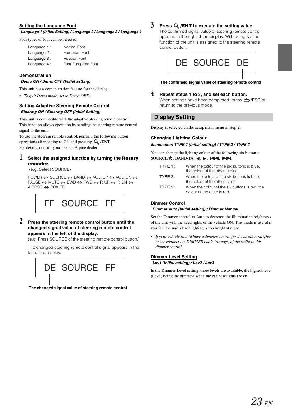 Setting the language font, Demonstration, Setting adaptive steering remote control | Display setting, Changing lighting colour, Dimmer control, Dimmer level setting, Ff source ff de source ff, De source de | Alpine CDA-9886R User Manual | Page 25 / 49