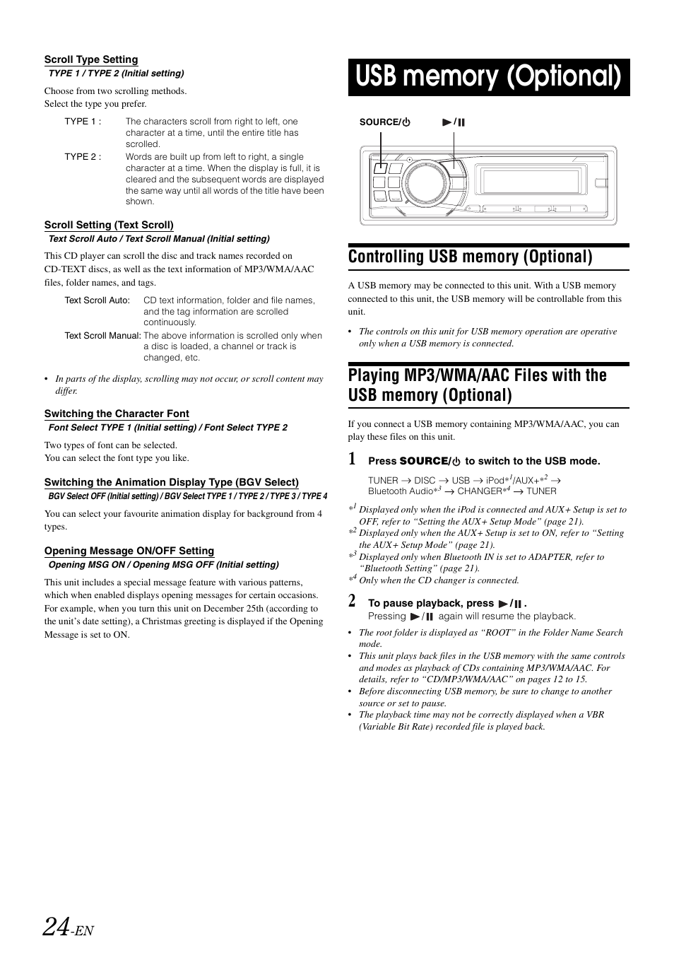 Scroll type setting, Scroll setting (text scroll), Switching the character font | Switching the animation display type (bgv select), Opening message on/off setting, Usb memory (optional), Controlling usb memory (optional), Bgv select) | Alpine CDA-9886R User Manual | Page 26 / 49