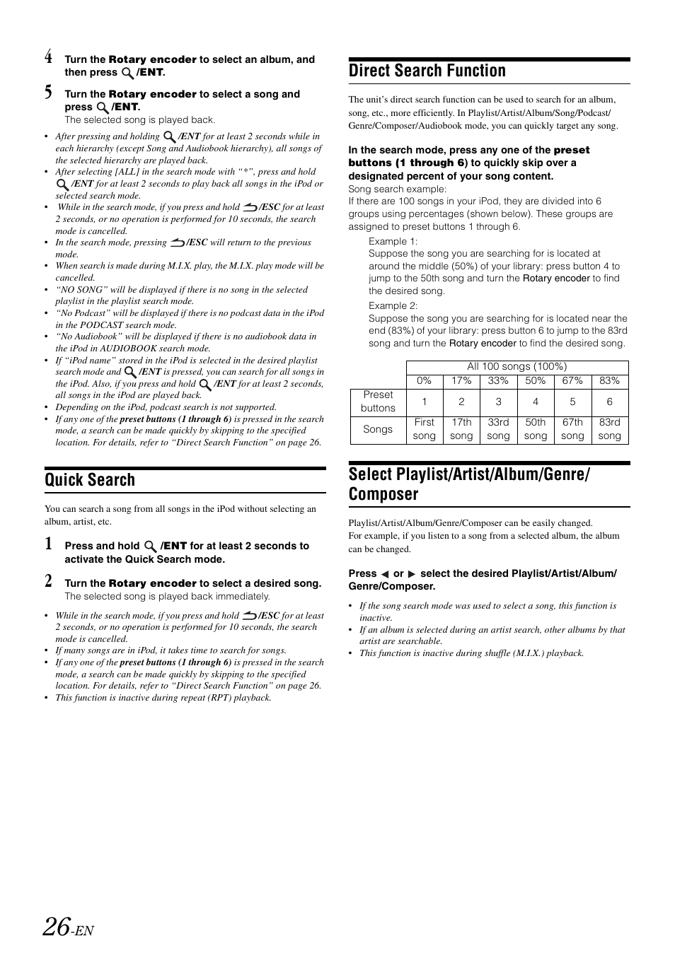 Quick search, Direct search function, Select playlist/artist/album/genre/ composer | Composer | Alpine CDA-9886R User Manual | Page 28 / 49