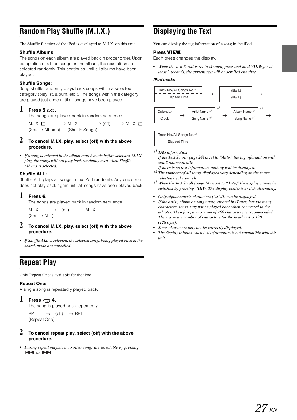 Random play shuffle (m.i.x.), Repeat play, Displaying the text | Alpine CDA-9886R User Manual | Page 29 / 49