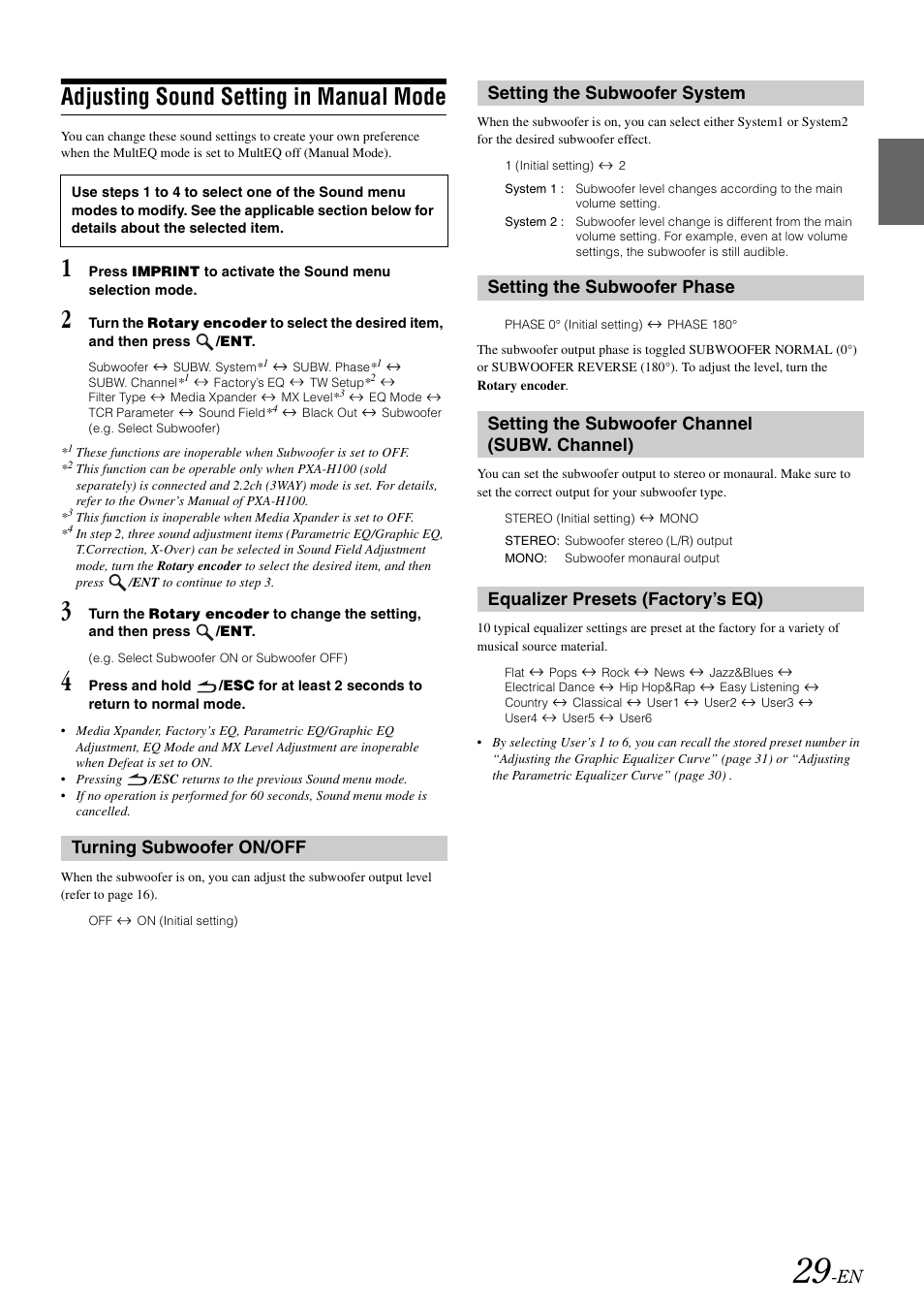 Adjusting sound setting in manual mode, Turning subwoofer on/off, Setting the subwoofer system | Setting the subwoofer phase, Setting the subwoofer channel (subw. channel), Equalizer presets (factory’s eq), Subw. channel) | Alpine CDA-9886R User Manual | Page 31 / 49