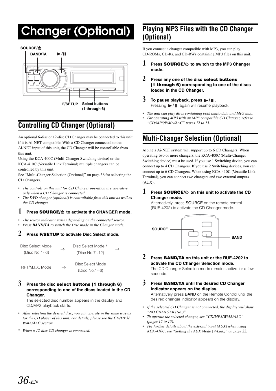 Changer (optional), Controlling cd changer (optional), Playing mp3 files with the cd changer (optional) | Multi-changer selection (optional), Optional) | Alpine CDA-9886R User Manual | Page 38 / 49