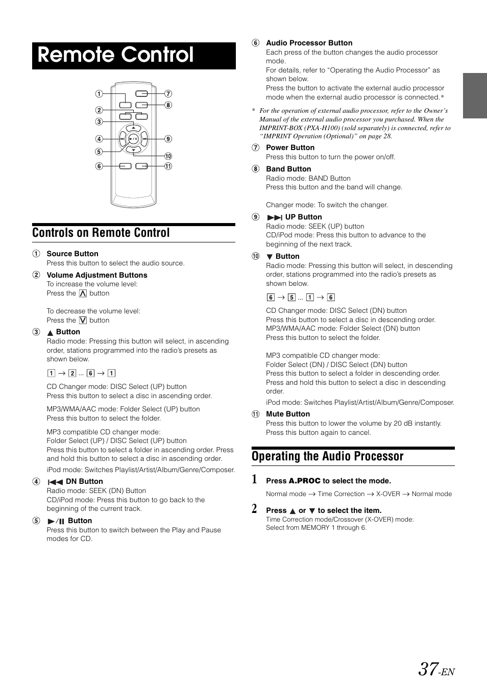 Remote control, Controls on remote control, Operating the audio processor | Alpine CDA-9886R User Manual | Page 39 / 49