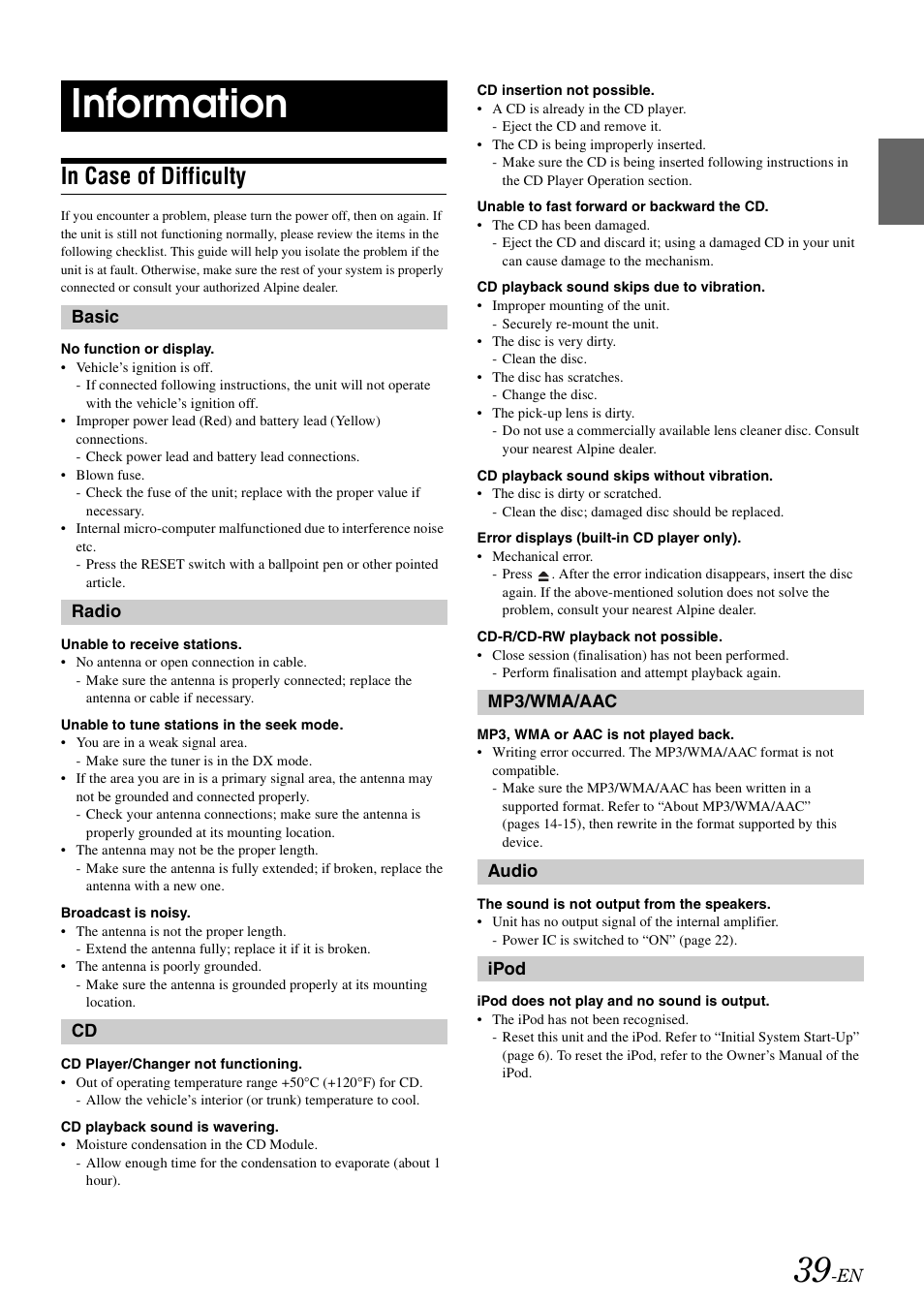 Information, In case of difficulty | Alpine CDA-9886R User Manual | Page 41 / 49