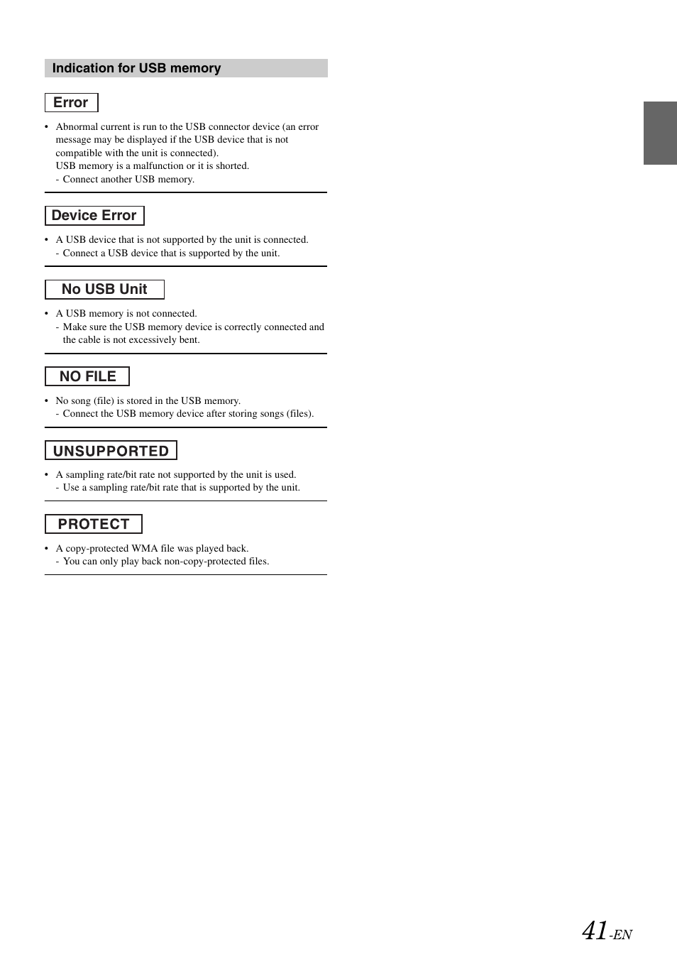 Error device error no usb unit no file | Alpine CDA-9886R User Manual | Page 43 / 49