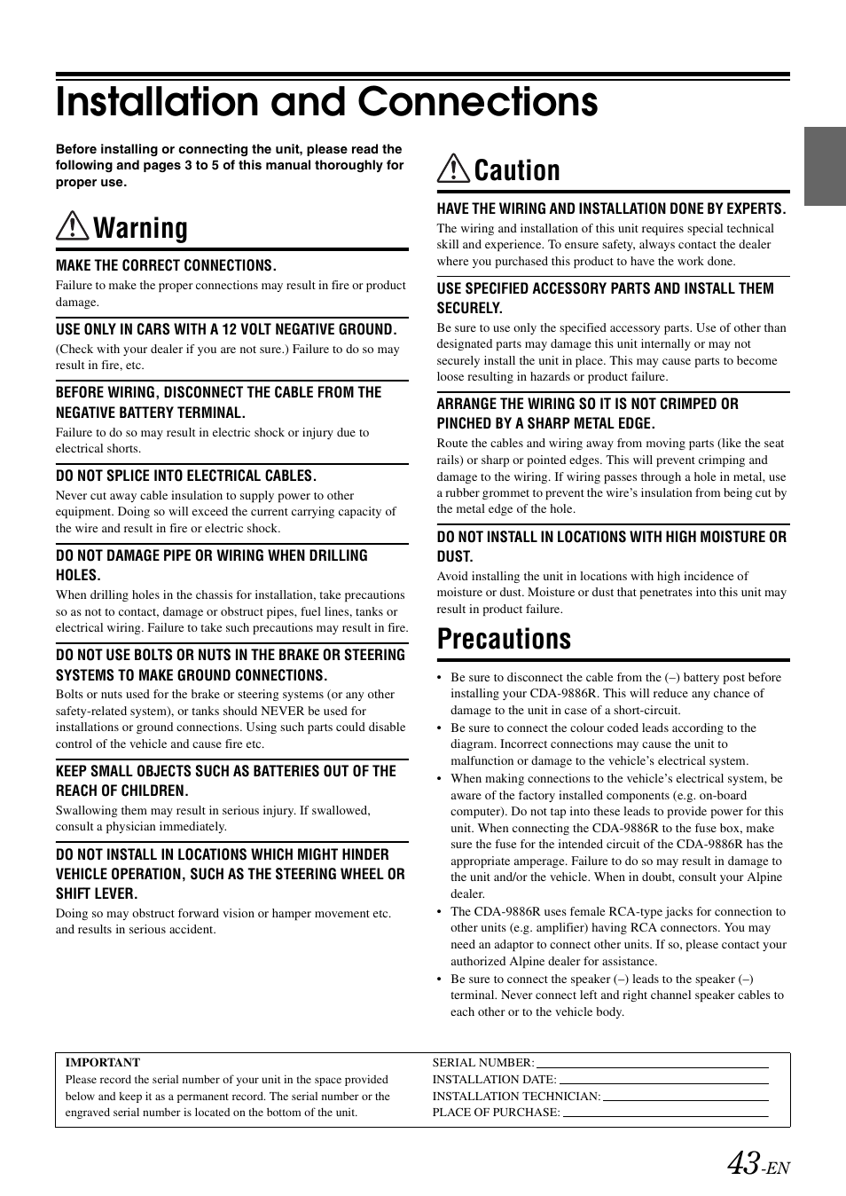 Installation and connections, Warning, Caution | Precautions, Warning caution precautions | Alpine CDA-9886R User Manual | Page 45 / 49