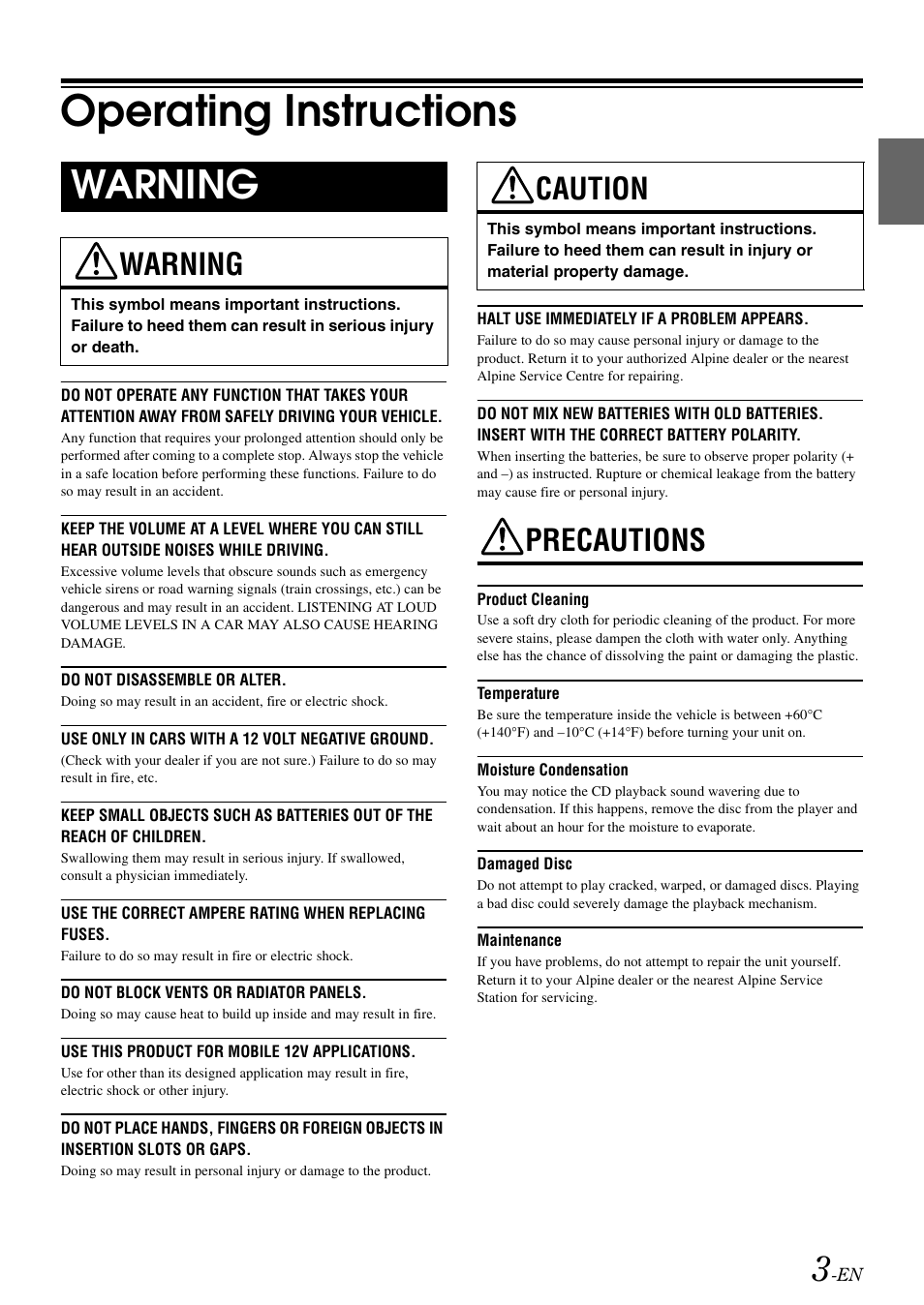 Operating instructions, Warning, Caution | Precautions | Alpine CDA-9886R User Manual | Page 5 / 49