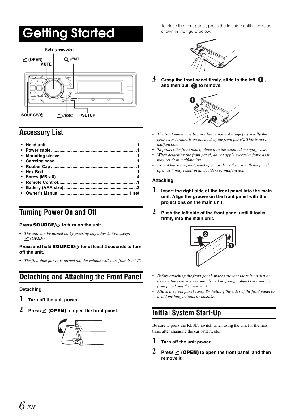Getting started, Accessory list, Turning power on and off | Detaching and attaching the front panel, Initial system start-up | Alpine CDA-9886R User Manual | Page 8 / 49