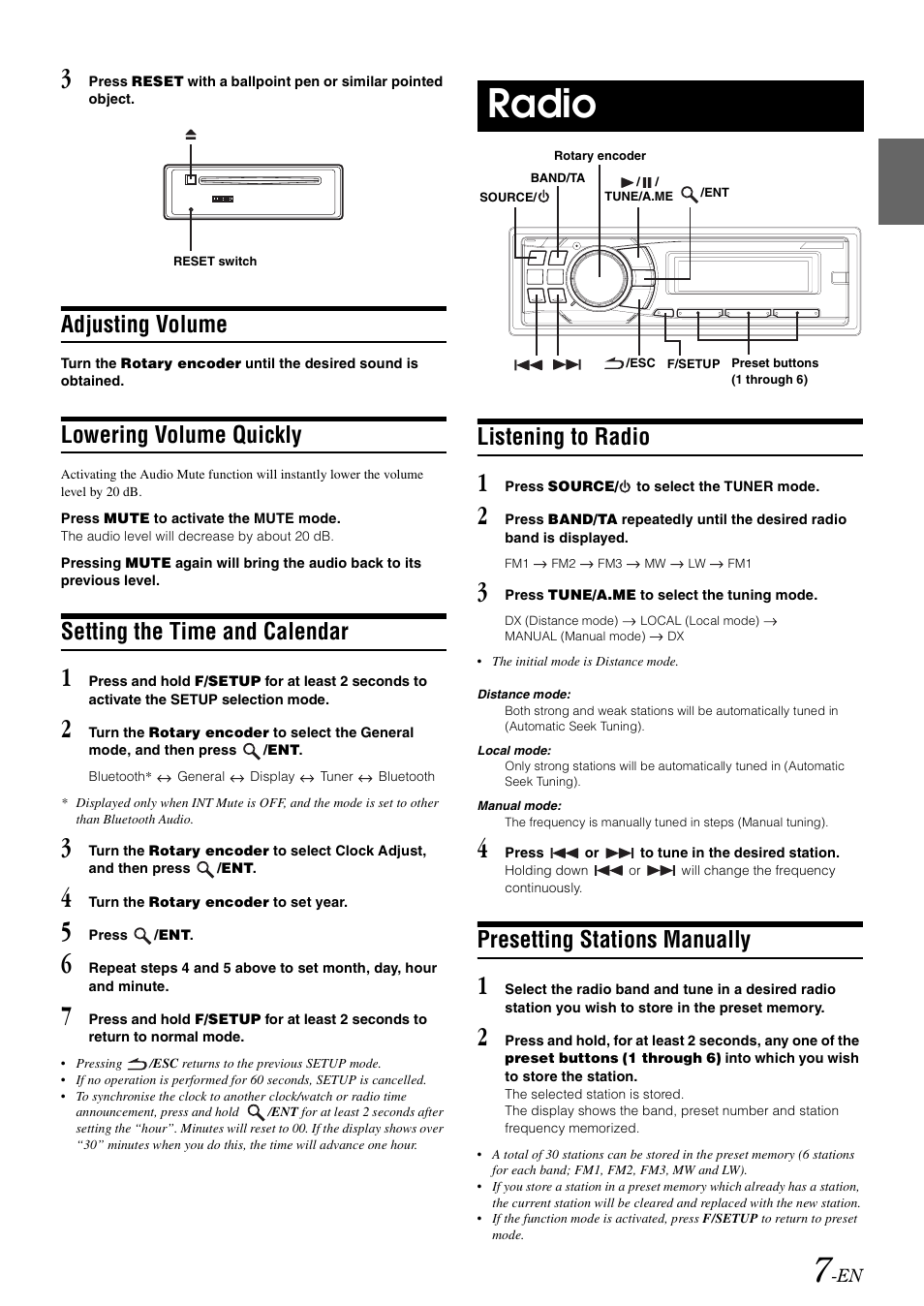 Adjusting volume, Lowering volume quickly, Setting the time and calendar | Radio, Listening to radio, Presetting stations manually, Listening to radio presetting stations manually | Alpine CDA-9886R User Manual | Page 9 / 49