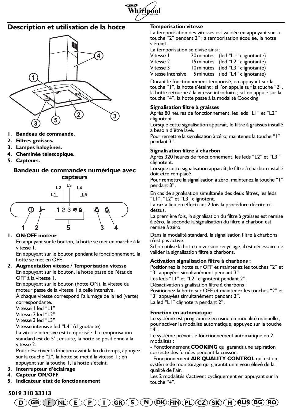 Description et utilisation de la hotte, Bandeau de commandes numérique avec capteurs | Whirlpool AKR 798 IX User Manual | Page 10 / 11