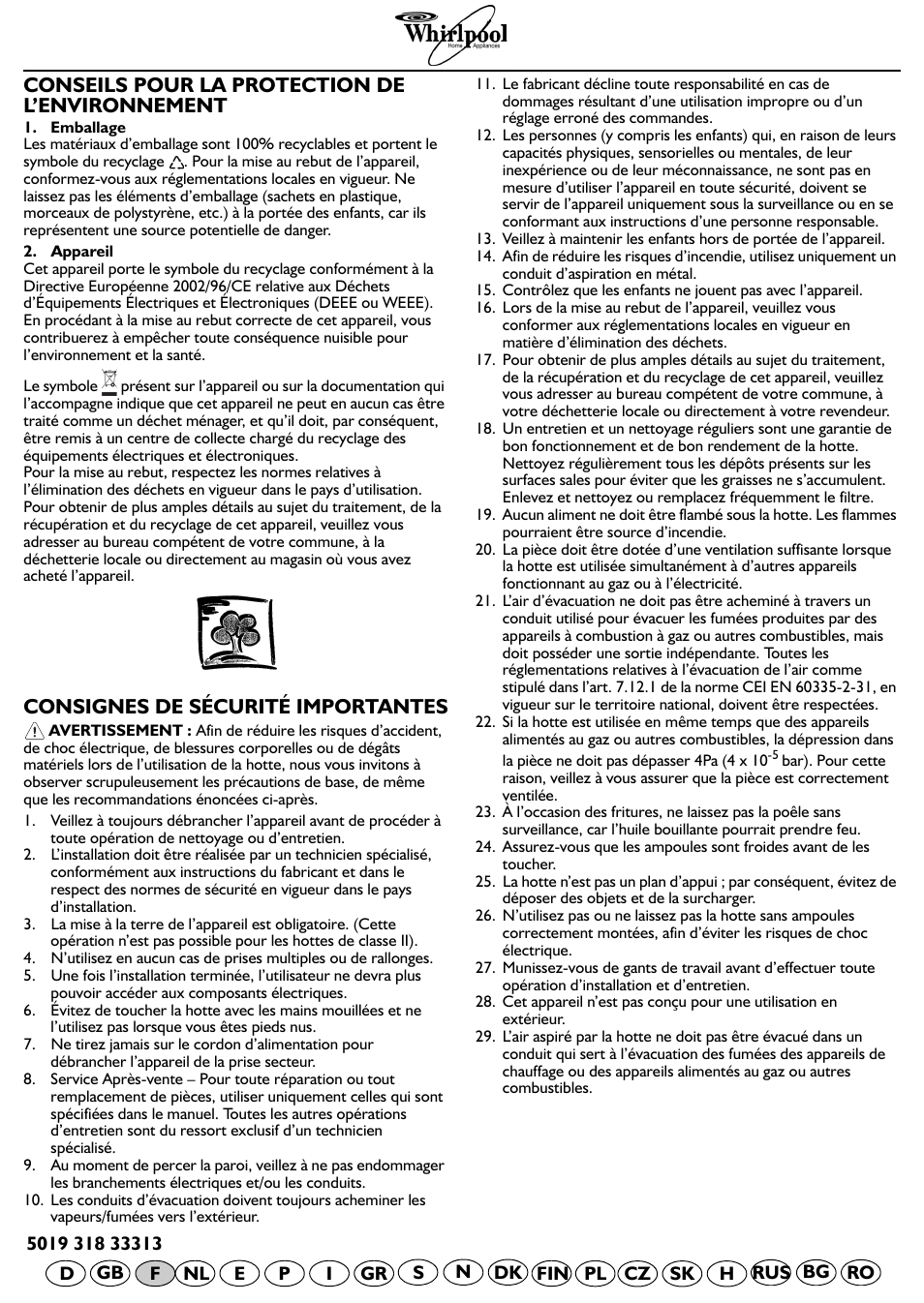 Conseils pour la protection de l’environnement, Consignes de sécurité importantes | Whirlpool AKR 798 IX User Manual | Page 7 / 11