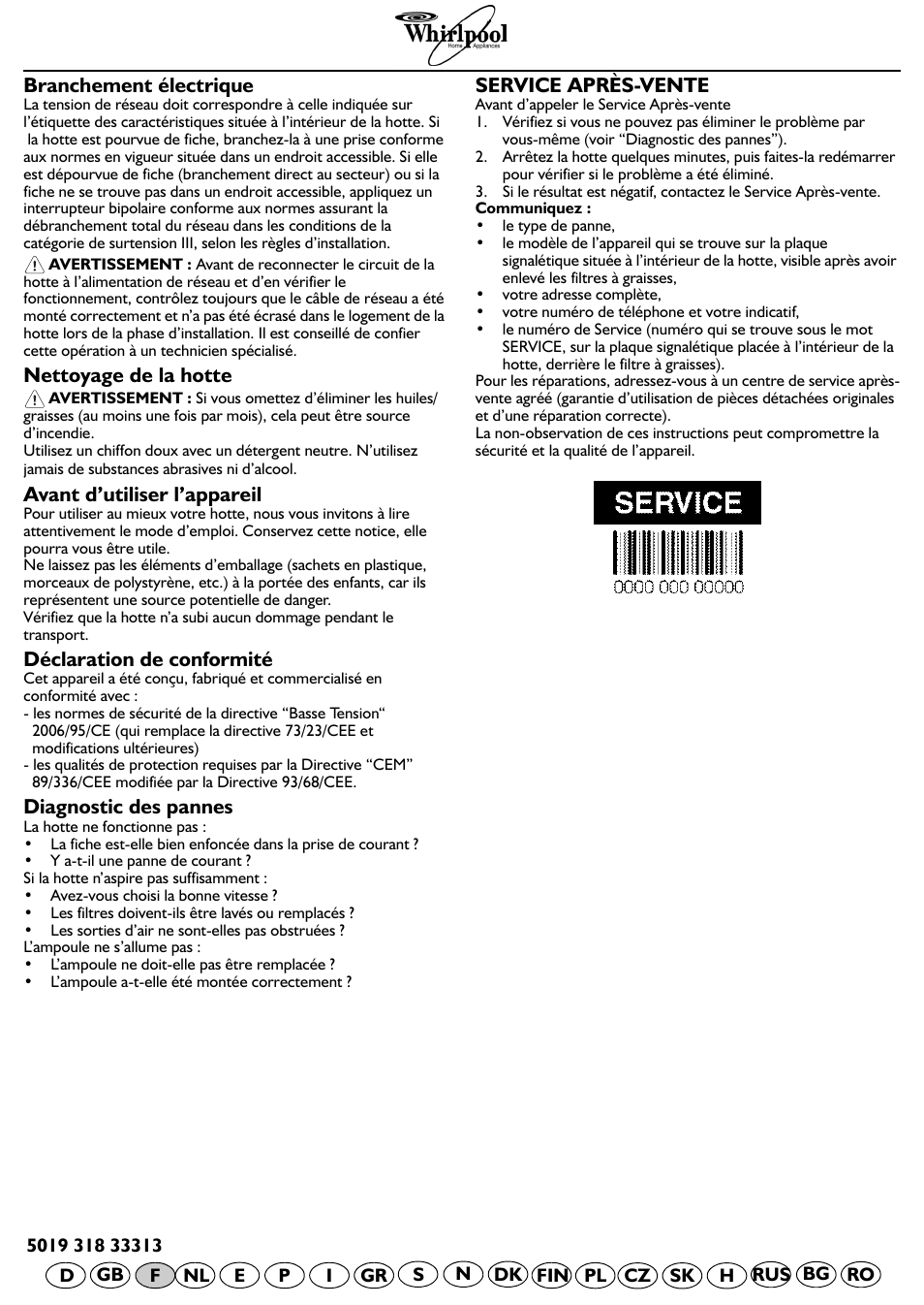 Branchement électrique, Nettoyage de la hotte, Avant d’utiliser l’appareil | Déclaration de conformité, Diagnostic des pannes, Service après-vente | Whirlpool AKR 798 IX User Manual | Page 8 / 11