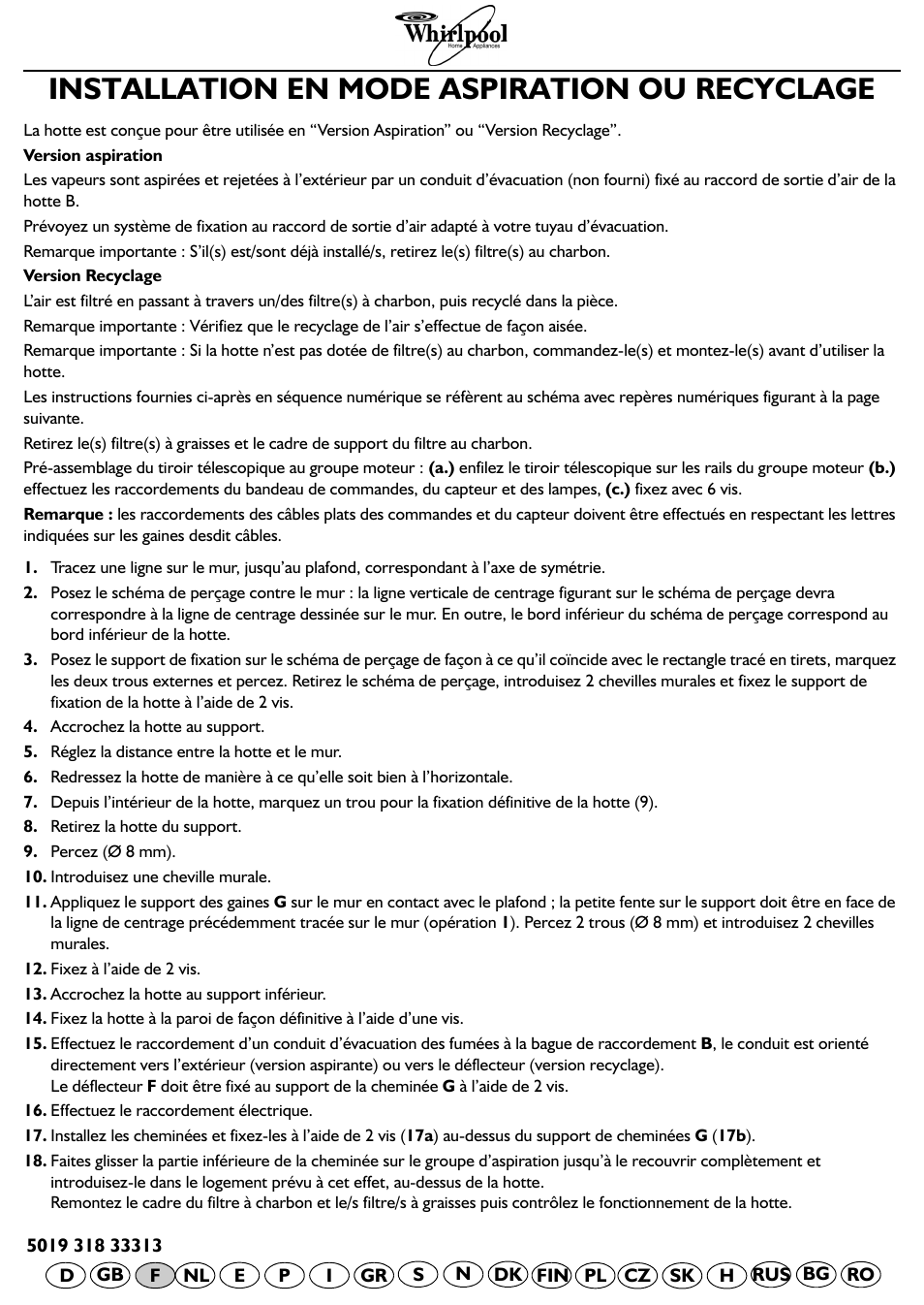 Installation en mode aspiration ou recyclage | Whirlpool AKR 798 IX User Manual | Page 9 / 11