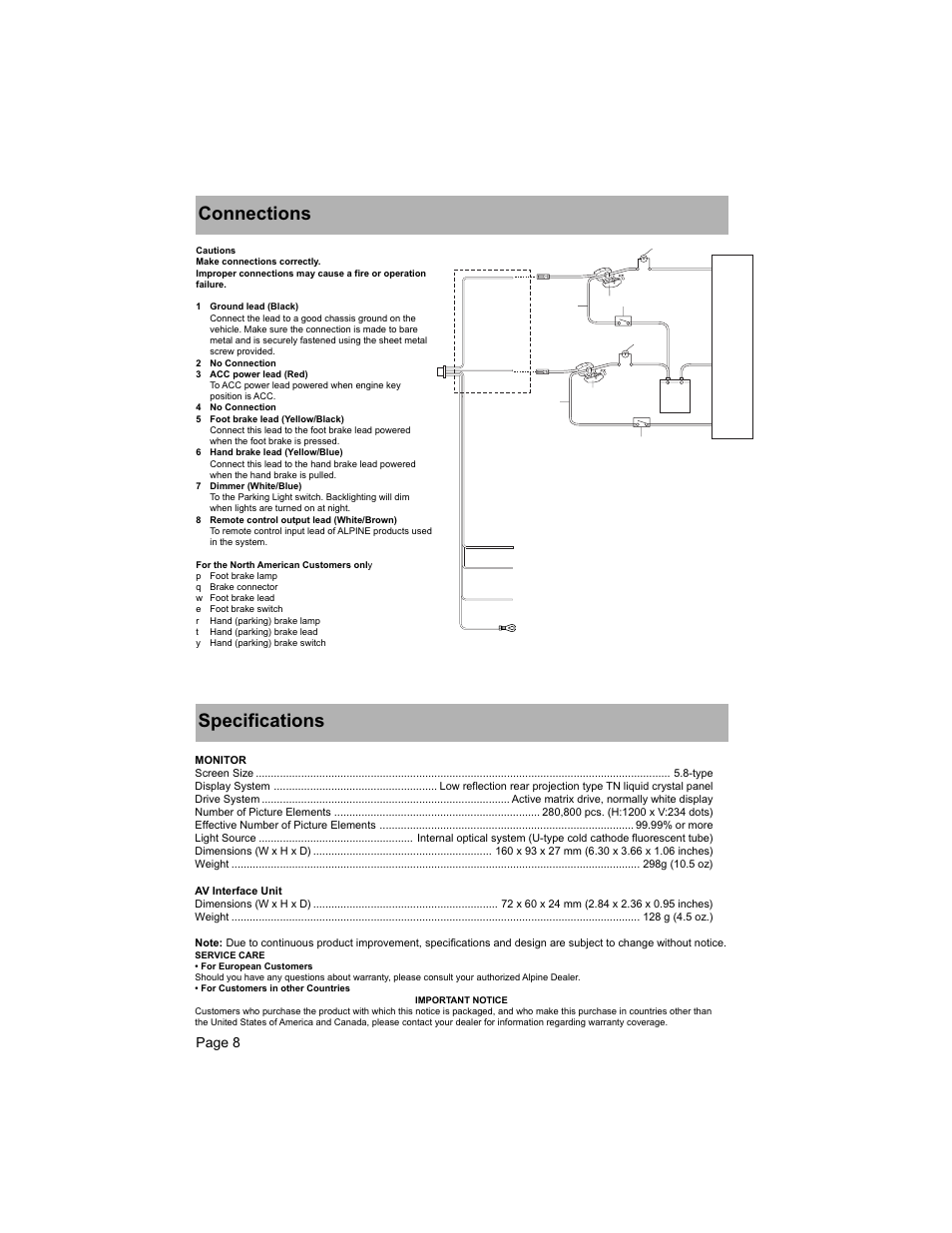 Connections, Specifications, Page 8 | Alpine TME-M580 User Manual | Page 8 / 12