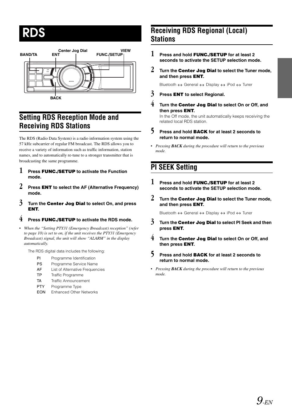Receiving rds regional (local) stations, Pi seek setting, Setting rds reception mode and receiving | Rds stations | Alpine iDA-X001 User Manual | Page 11 / 35